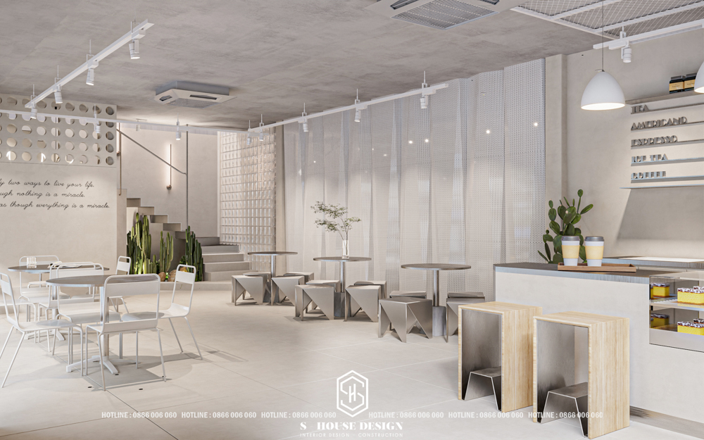 Thiết kế quán cafe 2 mặt tiền phong cách minimalism tối giản